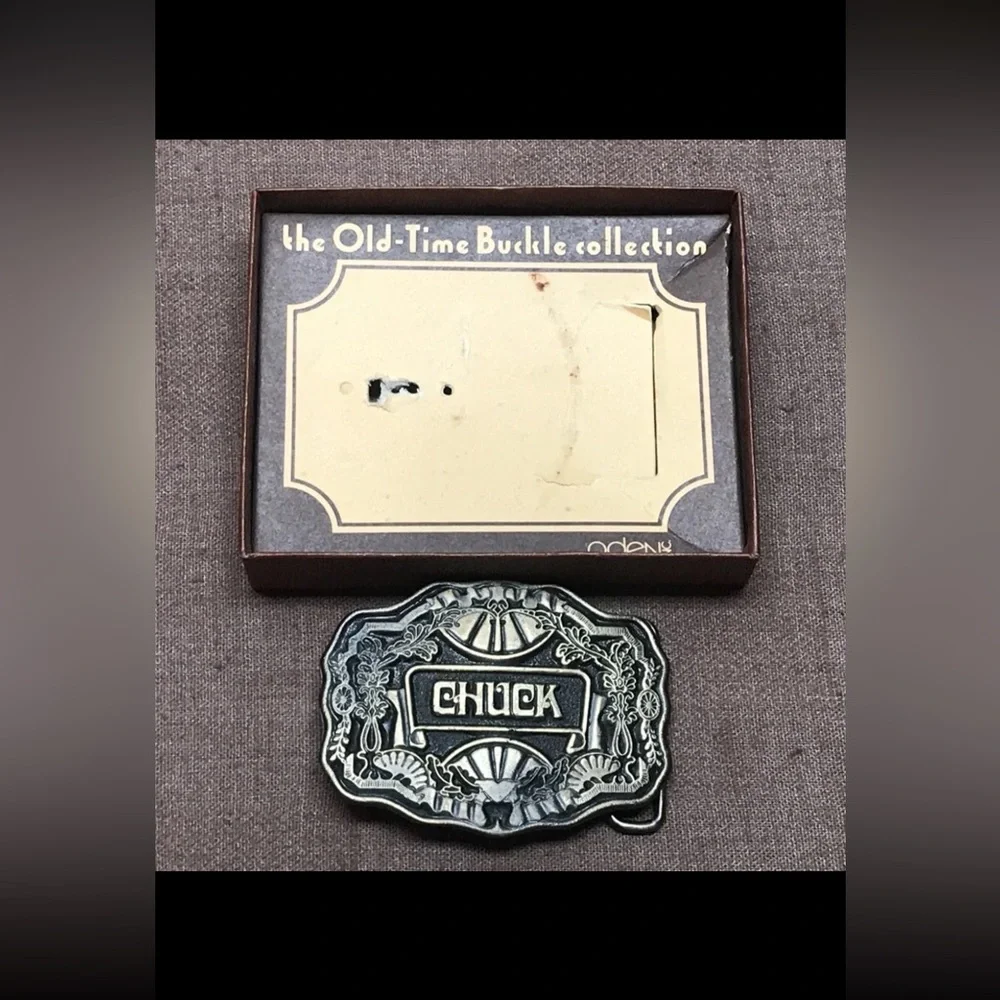 Vintage Oden Inc CHUCK Name Plate Belt Buckle with Original Box